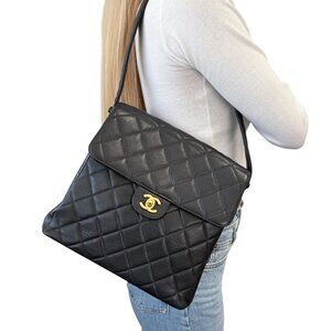 CHANEL Vintage CC Logo Turnlock Quilted Flap Shoulder Bag Black Gold [106294]